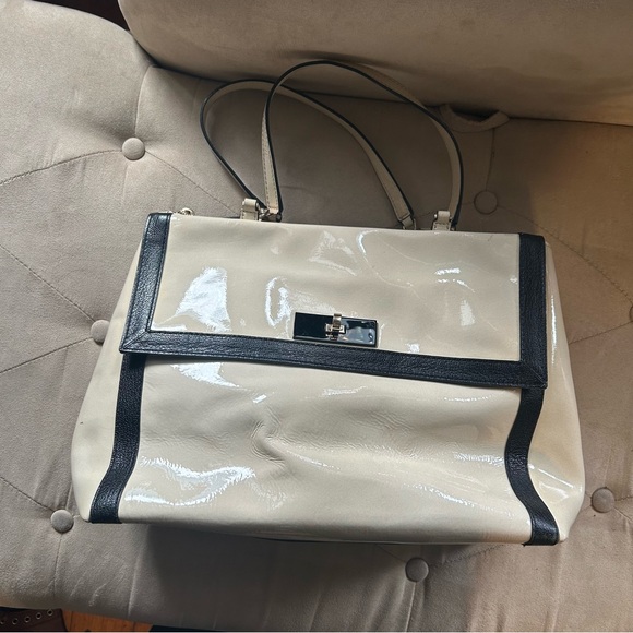 Kate Spade Cream Black Patent Leather Color block Satchel Tote Purse Handbag - Picture 2 of 15